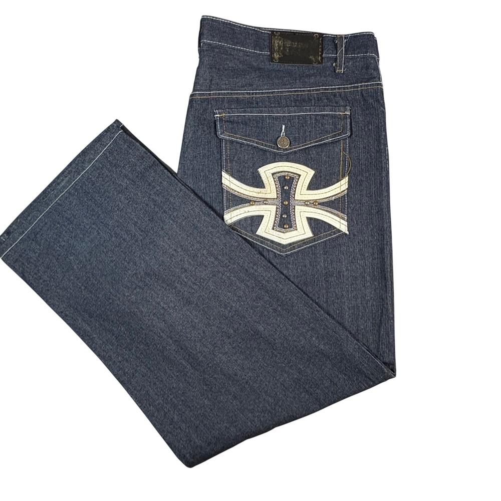 Sacred Crown Mens 46 Dark Wash Baggy Wide Leg Cross Embroidered Y2K Jeans Studs